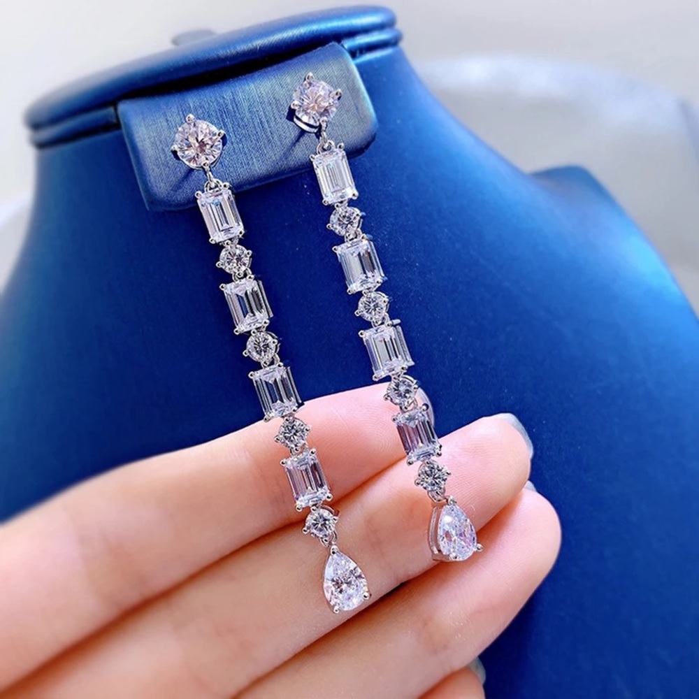 Anthropologie Sterling 925 Silver Swarovski Geometric Cut Tassel Line Earrings